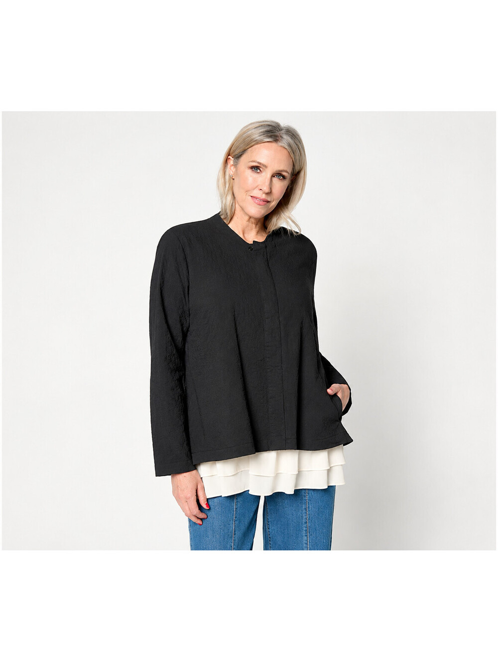LOGO Lavish by Lori Goldstein Textured Zip Front Topper Black, Large